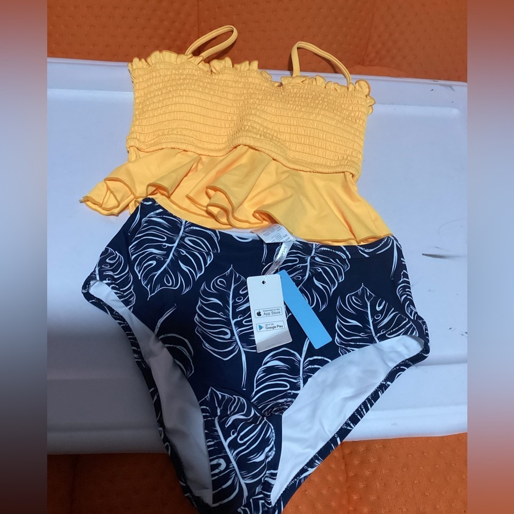 Two Piece Bikini Set Stripe Full Coverage Swimsuit Tummy Control Padded L - Picture 2 of 2